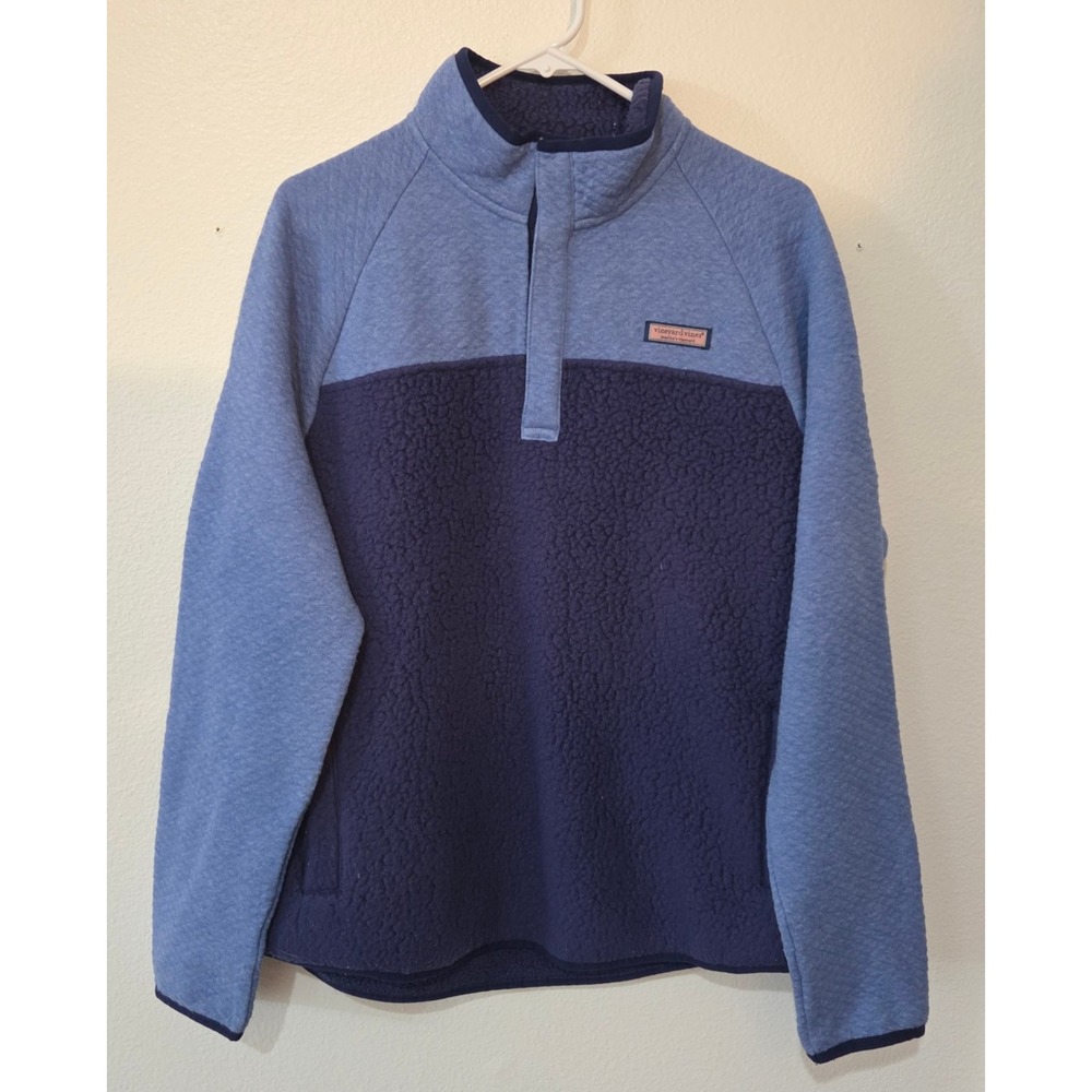 Vineyard Vines Womens Blue Quilted Sherpa Shep Shirt Fleece 1/4 Snap Pullover XL